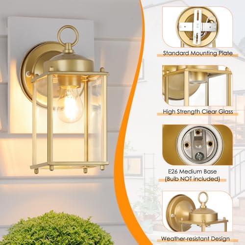 MATAMEYE Large Outdoor Wall Lantern, Exterior Waterproof Wall Sconce Light Fixtures, Gold Front Door Lighting with Clear Beveled Glass, Anti-Rust E26 Socket Porch Lamp, 2 Pack - Image 6