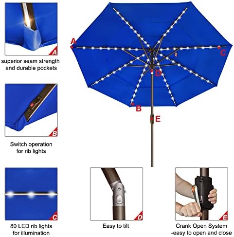 EliteShade USA 10-Year-Non-Fading 9ft 3-Tier Market Patio Umbrella, Commercial Table Umbrella with 80 Solar LED Lights, Crank Open, Windproof & UPF 50+ UV Protection for Garden, Deck, Pool, Backyard, Royal Blue - Image 5