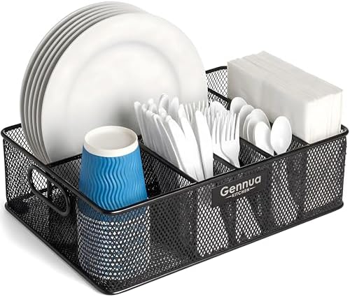 Gennua Kitchen Paper Plate Organizer for Cabinet, Counter, Picnics, Parties & More, Extra Large Utensil Caddy Crafted of Thick Iron Mesh With 6 Compartments for Paper Plates & Plastic Silverware by GennuaKitchen
