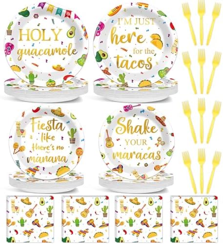 96 Pcs Mexican Fiesta Paper Plates and Napkins Taco Fiesta Party Supplies Mexican Themed De Mayo Dessert Tableware Set Dia De Los Muertos Colorful Themed Party Favors Baby Shower by ojustbeok