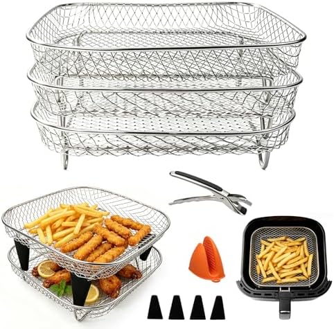 Square Air Fryer Rack 9-Pcs – 7" Square 3-Tier Stackable Dehydrator Racks for Cosori, Instant Vortex, and Ninja Foodi Grill – 304 Stainless Steel Grill Rack Compatible with 5-6QT Air Fryer, Oven by Unknown