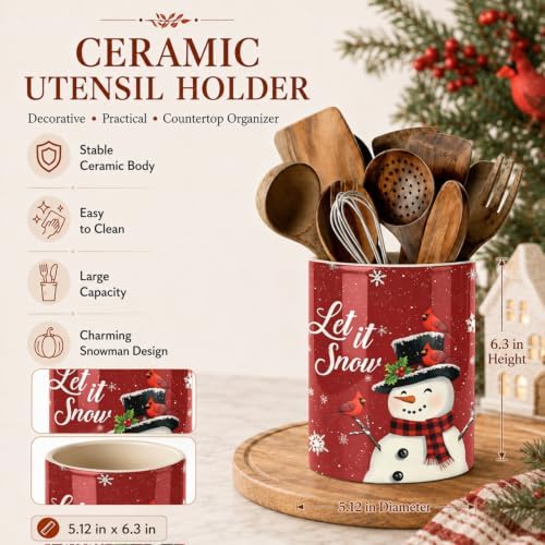 Christmas Snowman Kitchen Utensil Holder, Let It Snow Large Ceramic Utensil Holder For Countertop Organizer, 6.3'' Winter Cooking Utensil Crocks Festivel Decor Utensil Storage Cup for Kitchen - Image 6
