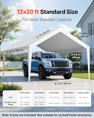 VEVOR Carport Replacement Canopy Cover, 12 x 20 ft Potable Garage Tent Top Tarp, UV-Resistant & Waterproof Car Shelter Tarp, Heavy Duty Car Port Cover with Ball Buggees, White, Frame Not Included - Image 2