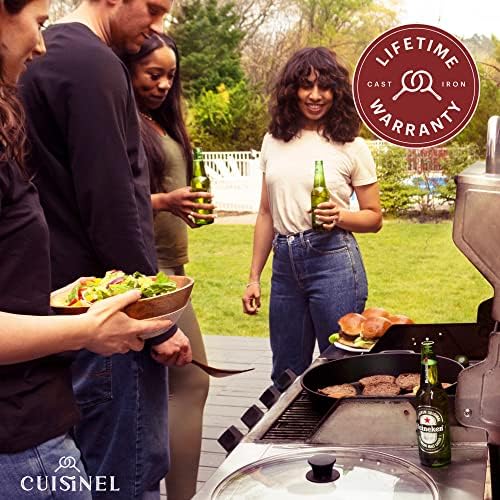 Cuisinel Cast Iron Skillet + Glass Lid + Red Chainmail Scrubber - 15"-Inch Dual Handle Braiser Frying Pan + Silicone Handle Covers - Pre-Seasoned Oven Cookware - Indoor/Outdoor. PFAS and PFOA-free - Image 6