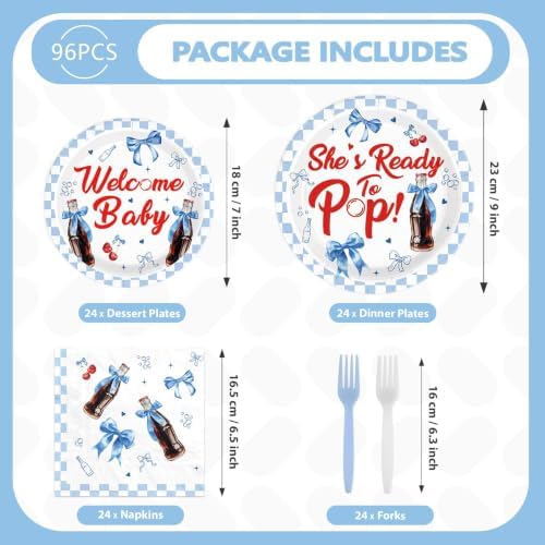 96Pcs She's Ready to Pop Baby Shower Party Decorations Soda Pop Drink Plates and Napkins Blue White Bow Plaid Disposable Paper Tableware Set for Girls Boys Baby Shower Party Supplies Serves 24 - Image 2