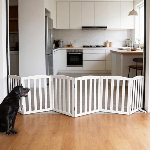 Freestanding Dog Gate Indoor,Doggie Gate Foldable Dog Gates for Doorways,Stairs or Hallways, Wooden White Pet Gate for the House, Pet Fence with Support Feet Included,24 "Height-6 Panels - Image 2