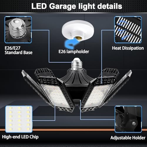 AUDLES 6 Pack LED Garage Light, 240W 24000LM 6500K LED Shop Lights, Garage Lights Ceiling Led with 7+1 Deformable Panels, E26/E27 Bulb Socket Lighting for Shop, High Bay, Attic, Basement, Warehouse - Image 2