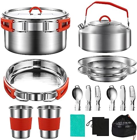 304 Stainless Steel Camping Cookware Set - Mess Kit with Pots, Pans, Kettle, Plates, Forks, Knives, Spoons for 2 People, Perfect for Camping, Picnic, RVs by Jorunhe