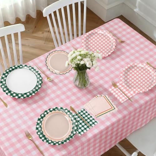 102 PCS Camp Bachelorette Decorations - Scalloped Gingham Plates, Napkins, Banner, Gingham Tablecloths for Baby Shower, Wedding, Birthday, Serves 25 - Image 3