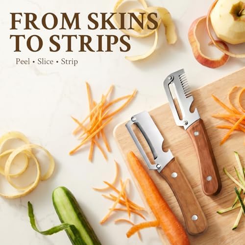 2026 Upgrade Vegetable Peeler and Julienne Peeler Set, Stainless Steel Vegetable Peelers for Kitchen with Wood Handles and Bottle Opener, 2-Pcs Multifunctional Vegetable Peeler Set - Image 3