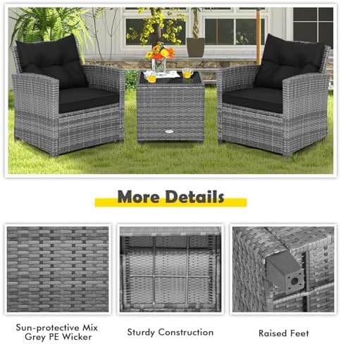 Tangkula 3 Pieces Patio Furniture Set, Outdoor PE Rattan Conversation Chair Set with Tempered Glass Side Table and Removable Cushions, PE Wicker Chairs and Table Set for Porch, Balcony and Garden - Image 4
