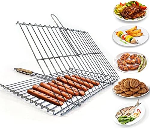 Hakan Grill Basket 11.8 x 15.8-inch for Outdoor Grill, Barbecue Basket for Fish, Steak, Chicken, Vegetables, Shish Kabob and Shrimp, Large Lockable Basket with Wooden Handle, Stainless Steel, BBQ by HAKAN