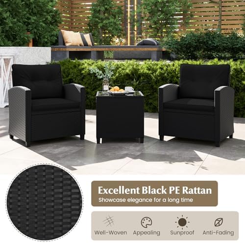 Tangkula 3 Piece Patio Furniture Set, Rattan Conversation Set w/Soft Seat & Back Cushions, Tempered Glass Topped Coffee Table, Cushioned Wicker Seating Set for Backyard, Porch, Poolside (Black) - Image 7