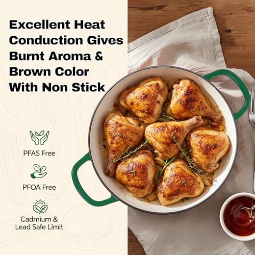 3 Quart Enameled Cast Iron Braiser, Non Stick Enameled Cast Iron Skillet with Lid, Dutch Oven Skillet with lid up to 500°F for Oven, Stove, Grill, Shallow Dutch Oven for Cook, Bake (Green) - Image 2