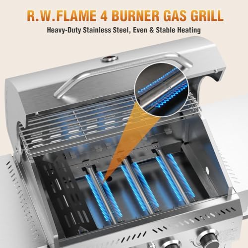 R.W.FLAME 4-Burner Gas Grill, Propane Grill with Folding Side Tables, Heavy-Duty Thickened Stainless Steel Grill, 32,000 BTU BBQ Grill for Outdoor Cooking, Barbecue, Garden and Patio Backyard - Image 2
