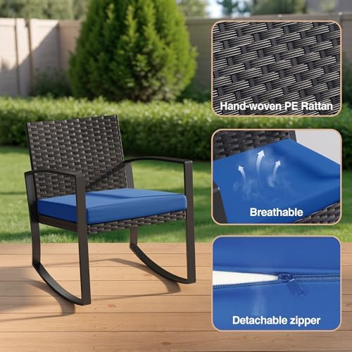 Qsun 3 Piece Patio Bistro Set Patio Furniture Set Outdoor Wicker Rocking Furniture Conversation Set with Tempered Glass Coffee Table for for Front Porch Balcony and Deck (Blue Cushion) - Image 7