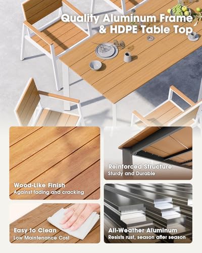 Outdoor Dining Chiars Set of 2, Aluminum Patio HDPS Outdooor Dining Chiars, All Weather Patio Furniture Set (White & Teak) - Image 5