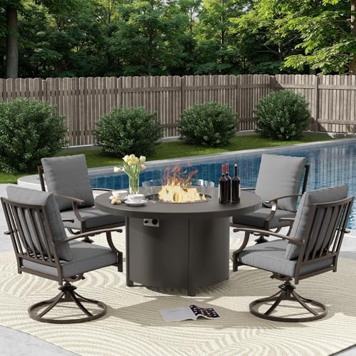 5 Piece Metal Outdoor Patio Furniture Set with 48"/55000 BTU Round Fire Pit Table,Outdoor Dining Table Set 4 Swivel Chairs No-Slip Cushions and Waterproof Covers,Grey by TrumbeakFurniture