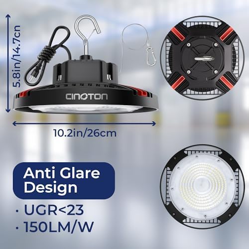 CINOTON 160W UFO LED High Bay Light, Aluminum LED Shop Lights with 24000LM, 5000K Commercial Bay Lighting for Warehouse Garage Workshop Factory, 6' Cable & Safety Rope, ETL Listed 1 Pack - Image 4