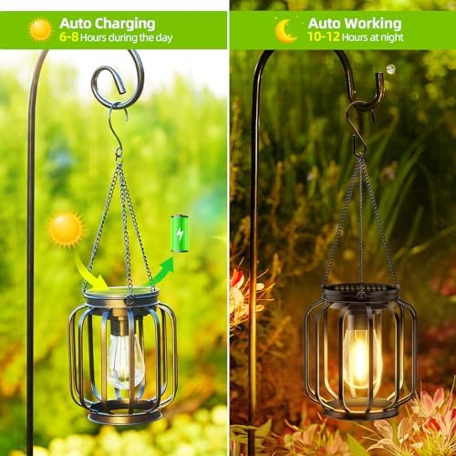 Solar Hanging Lanterns Outdoor Waterproof: 4 Pack Metal Solar-Powered Lights with Hook, Bright Warm Lantern Decor for Outside, Classic Outdoor Lighting for Yard Garden Patio Porch Balcony Decorations - Image 3