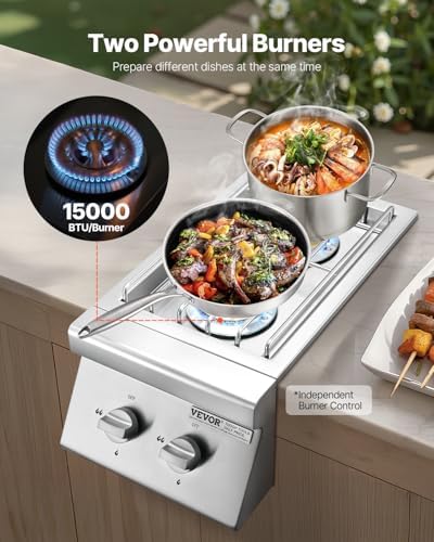VEVOR Double Grilling Side Burners, 2 x 15,000BTU Liquid Propane Side Burner for Outdoor Kitchen, Convertible to Natural Gas, 304 Stainless Steel Built-in Double Grill Burners for BBQ Grill Island - Image 2