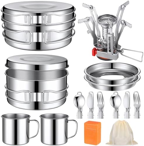 Funnymoom 15 Pcs Camp Cooking Set Stainless Steel Camping Cookware Mess Kit with Pot Pan and Stove 2 Set Stainless Steel Cups Plates Forks Knives Spoons for Camping Backpacking Outdoor Cooking Picnic by Funnymoom