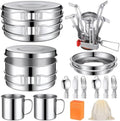 Funnymoom 15 Pcs Camp Cooking Set Stainless Steel Camping Cookware Mess Kit with Pot Pan and Stove 2 Set Stainless Steel Cups Plates Forks Knives Spoons for Camping Backpacking Outdoor Cooking Picnic by Funnymoom