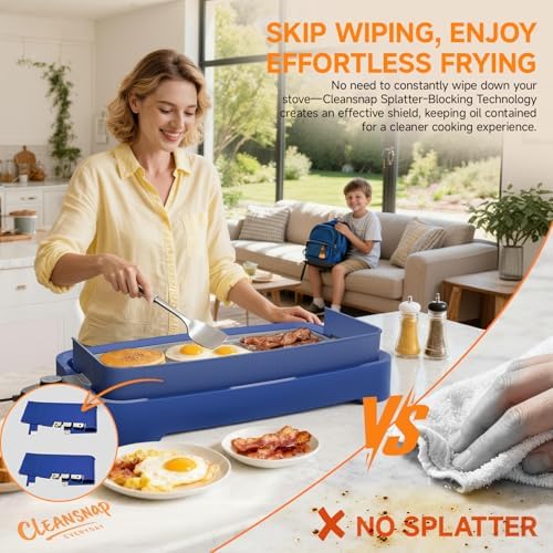 Cleansnap Everyday Electric Griddle,The Ultimate Gift for Family Feasts - 20” Nonstick Grill with Foldable Anti-Mess Shield, Rapid 1700W Heat&PPG Ceramic Coating, Dishwasher Safe, Ocean Blue - Image 4