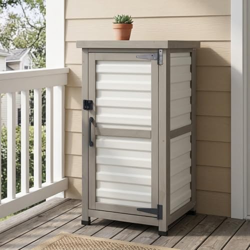 PetsCosset Small Outdoor Storage Cabinet, Wood & Plastic Potting Bench Table Tool Organizer for Patio Backyard Garden, Metal Top, Adjustable Shelf, Corner Storage for Narrow Spaces by PETSCOSSET