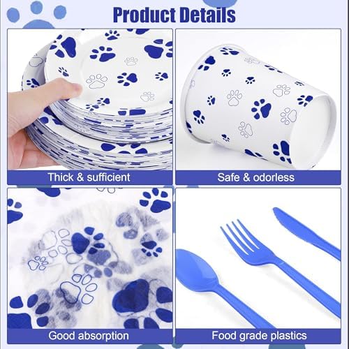 Kochorie 400 Pieces Blue Paw Disposable Party Tableware Sets Dog Puppy Supplies Including Plates Cups Napkins Cutlery Serves 50 for Birthday Puppy Theme Party Decorations - Image 3