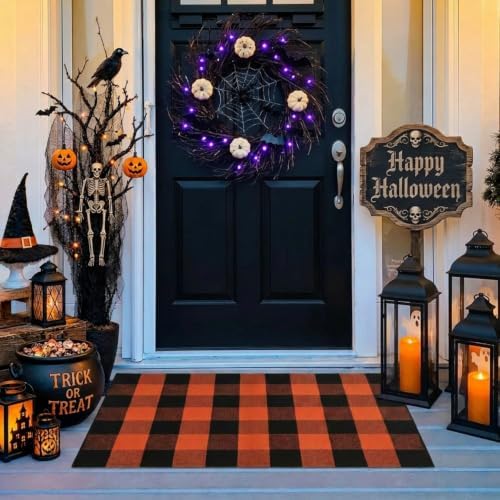 MUBIN Fall Decor Cotton Buffalo Plaid Rug, 27.5x43 Orange Black Outdoor Rug Front Door Decorative Mat, Washable Halloween Doormat Foldable Area Rug Layered Door Mats Rug for Front Porch, Entryway - Image 3