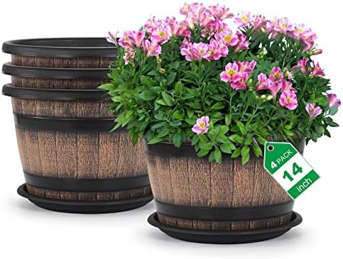 Quarut Large Plastic 4 Pack14 inch Plant Pots,Whiskey Barrel Planters with Drainage Holes & Saucer.Flower Pots Imitation Wine Barrel Design for Indoor & Outdoor Garden Balcony Plants.5 Gallons(Brown) by Quarut