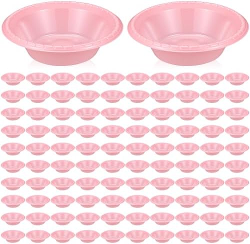 100 Pack 16oz Pink Disposable Plastic Bowls Dessert, Ice Cream, Salad, Soup Serving Cups for Party, Picnic, Food Snacks (Pink) by Unknown