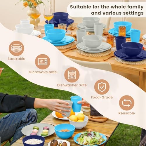 Homienly 40 PCS Wheat Straw Plates and Bowls Sets, Cups Sets, Service for 8, Unbreakable Microwave and Dishwasher Safe Dinnerware Sets,Reusbale Plastic Dishes Set - Island, Matte - Image 6