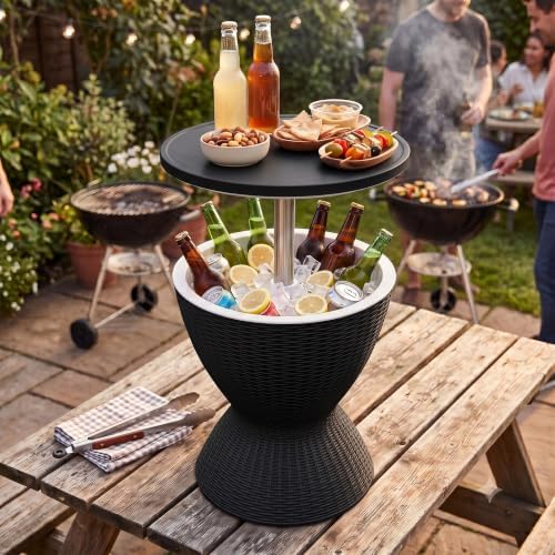 EasyUp Outdoor Cooler Bar Table – 8 Gallon Outdoor Patio Cooler Table with Drain Plug, Adjustable Height Rattan-Style Resin Cool Bar for Poolside, Deck, BBQ & Parties Classic Black - Image 2