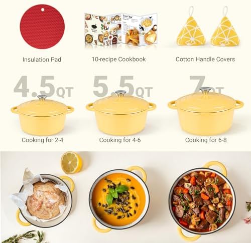Overmont Enameled Cast Iron Dutch Oven - 7QT Pot with Lid Cookbook & Cotton Potholders - Heavy-Duty Cookware for Braising, Stews, Roasting, Bread Baking GooseYellow - Image 5
