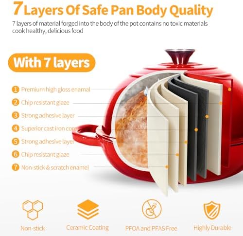 6QT Enameled Cast Red Iron Dutch Oven For Sourdough Bread Baking - Image 3
