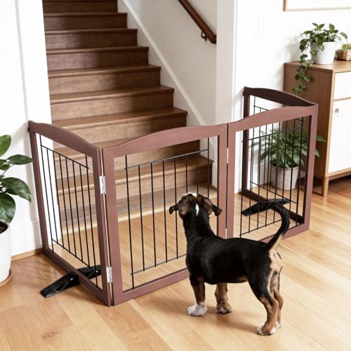 ZJSF Freestanding Dog Fence Indoor, Foldable Dog Gate for Doorways, Stairs or Hallways, Sturdy Wood Extra Wide Pet Gate with Support Feet for The House, Brown, 24 "Height-4 Panels - Image 3