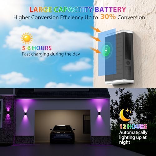 Solar Wall Light Outdoor , RGB & Warm White 8 Modes Dusk to Dawn Lighting Wall Sconce IP67 Waterproof Up and Down Solar Lights Outdoor Front Door Light for House, Garage, Porch, Doorway,Fence (1PACK) - Image 4