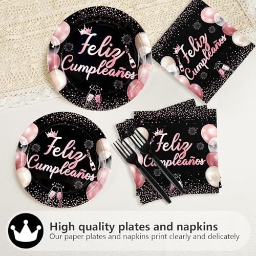 96Pcs Feliz Cumpleaños Black and Pink Decorations for Girls Women Serves 24 - Image 4
