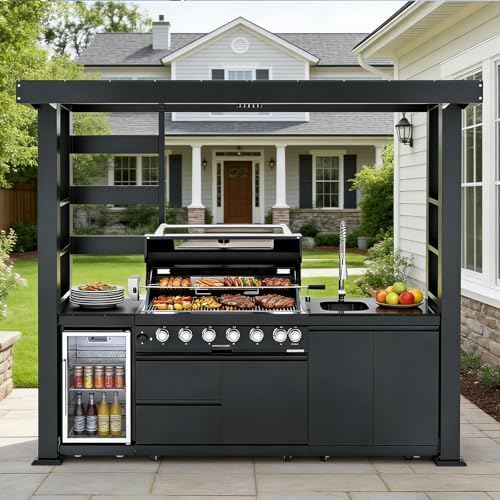 108" Outdoor Kitchen Island Crafted from Stainless Steel,6-Burner 85,000 BTU Natural Gas Grill with Rotisserie Oven,Galvanized Steel Roof,Granite Countertops,Refrigerator,Storage,Sink.(Natural Gas) - Image 3