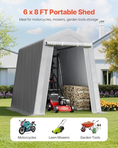 VEVOR 6x8x7 FT Heavy-Duty Portable Outdoor Storage Shed Tent, Waterproof Carport Garage Shelter with Roll-Up Zipper Door & Vents, UV-Resistant Canopy for Motorcycle, Bike, Lawn Mower, Tools, Gray - Image 2