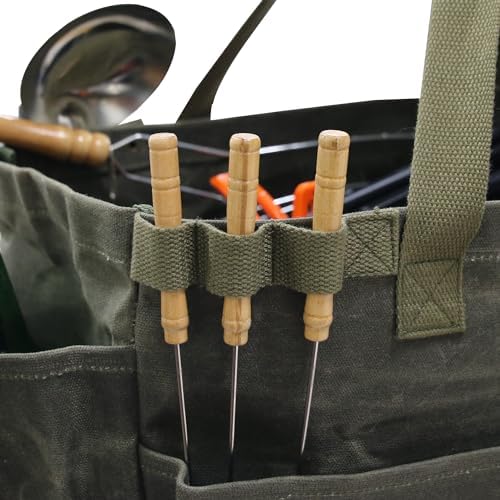 Portable Garden Camping Tool Storage Bag,Waxed Canvas Firewood Carrier Tote bag,Collapsible Sturdy Garden Basket Great for Women, Gardener, Electrician, Repairer(Army Green) - Image 5