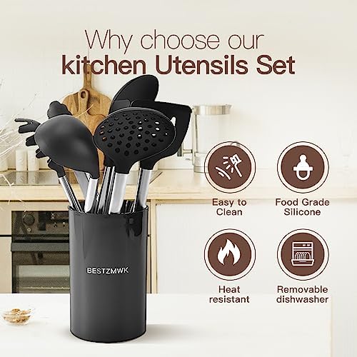 Kitchen Utensils Set-Silicone Cooking Utensils-32 pcs Non-Stick Silicone Cooking Kitchen Utensils Spatula Set with Holder-Best Kitchen Cookware with Stainless Steel Handle (Black) - Image 3