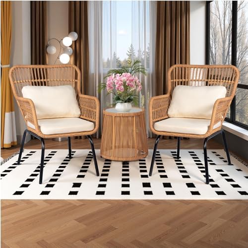 Tappio 3 Piece Outdoor Wicker Bistro Set, Patio Conversation Sets w/2 Large Rattan Chairs and Tempered Glass Table, Patio Furniture for Balcony, Porch, Poolside, Backyard, Beige by Tappio