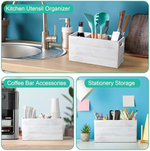 ALELION Rustic White Utensil Holder with Removable Divider - 3 Compartment Wooden Utensil Caddy Organizer for Kitchen Counter - Cooking Utensil Crock for Countertop - Image 6