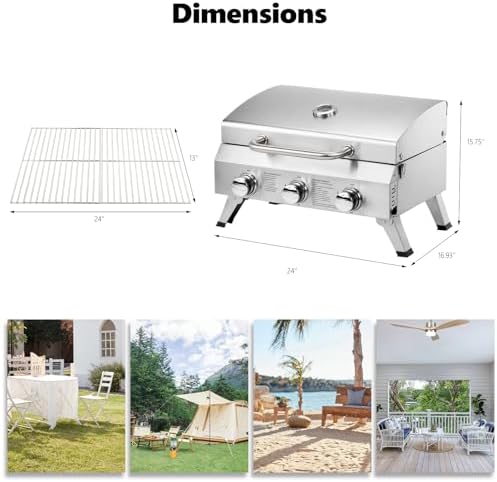 Bonnlo 3 Burner Portable Gas Grill, 30,000 BTU Tabletop Camping Grill with Ignition & Lockable Lid, Stainless Steel Propane Grill with Foldable Legs & Thermometer for Outdoor Patio BBQ RV Use - Image 6
