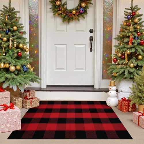OJIA Christmas Plaid Rug 27.5"x43" Front Door Mats Outdoor Welcome Mat by OJIA