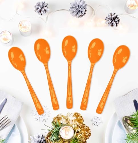 SietDESEO 25 PCS Orange Plastic Spoons Disposable Utensils Heavy Duty Orange Spoons Disposable Cutlery for Birthday Wedding Baby Shower Bridal Shower Plastic Silverware - Image 2