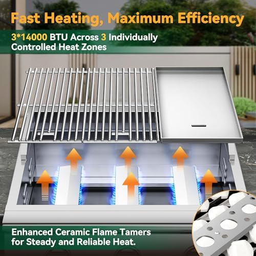 26 Inch BBQ Head Griddle Grill Combo for Barbecue Island, Liquid Propane Bulit-in Grills for Outdoor Kitchen,3 * 14,000 BTU， 3-Burner, Premium 304 Stainless Steel, Convertible to Natural Gas - Image 4